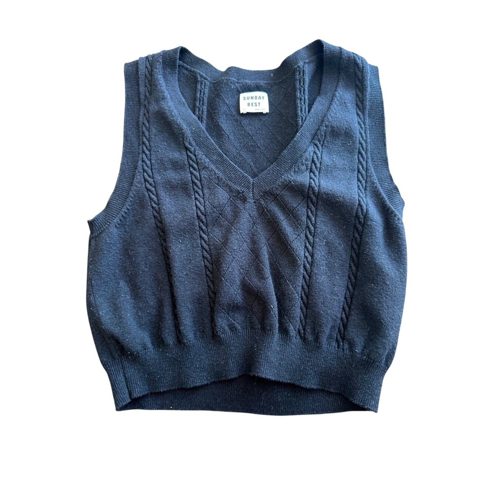 Sunday Best Vest Cable Knit Cropped Sweater Black - V-Neck Sz XS
